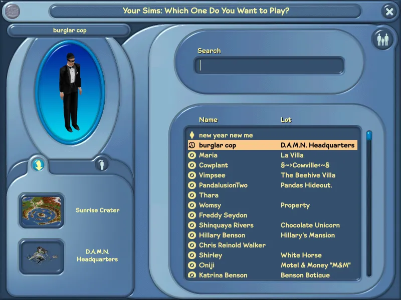 The new Select-a-Sim interface in Archive mode, which allows you to play as any sim registered in Sunrise Crater