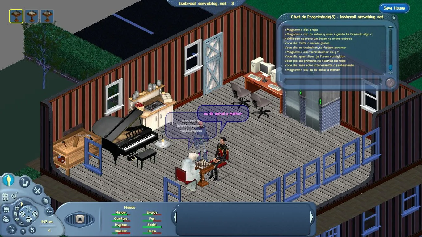 A bear and a human sim playing chess while a servo watches