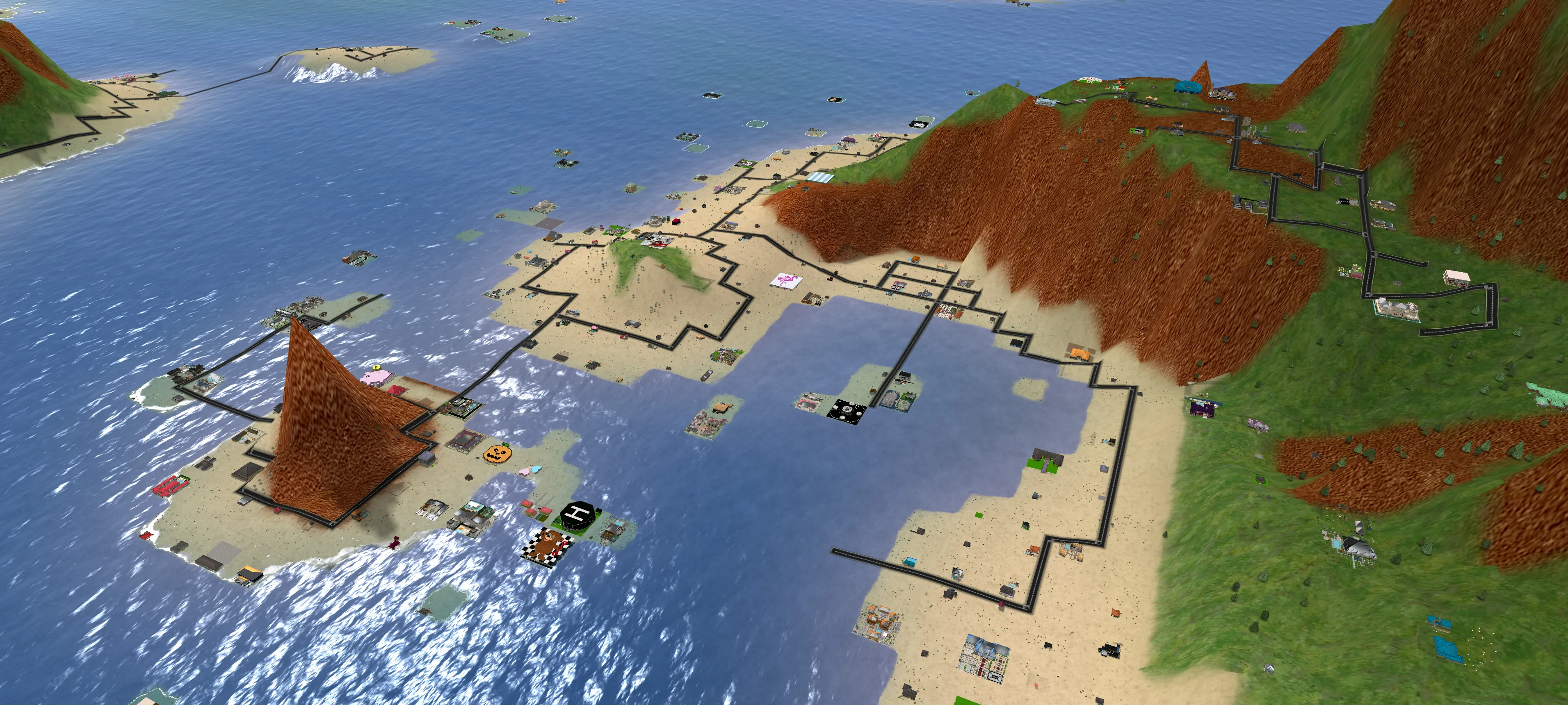 Overhead image of various properties on the central island of Sunrise Crater
