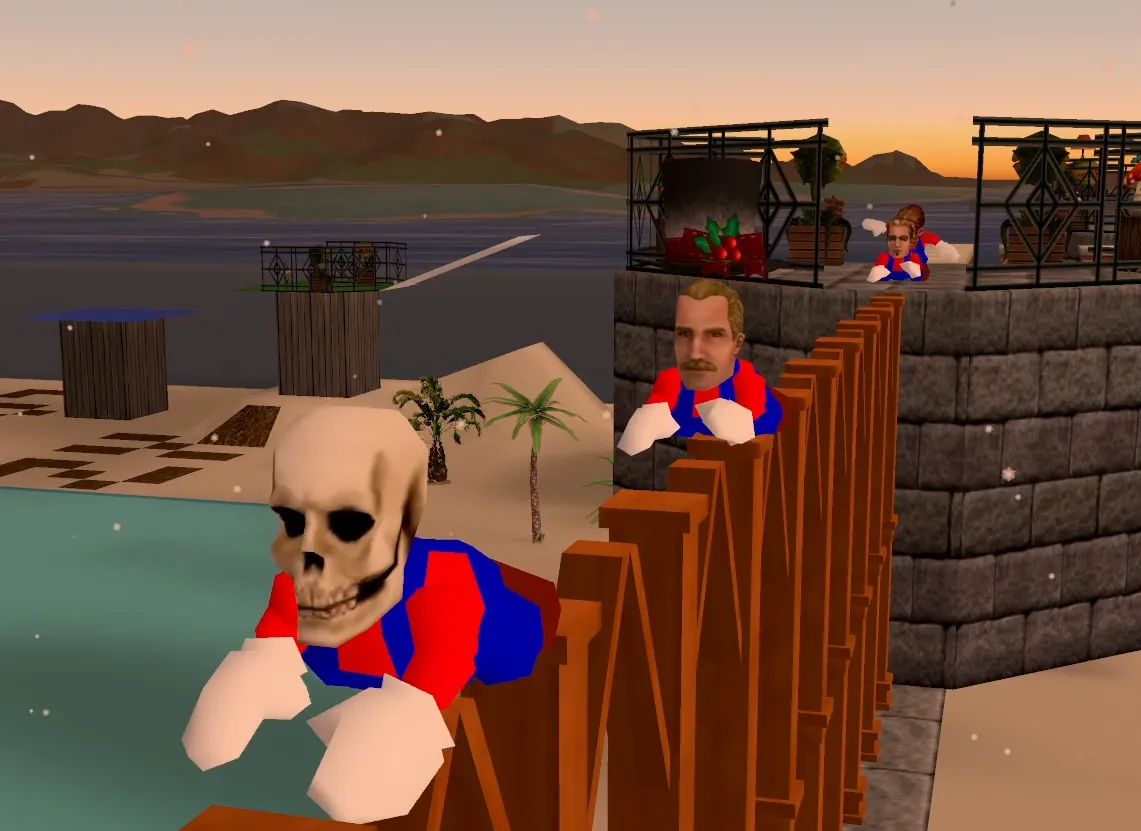 Multiple gremlins wearing sim-faces slowly crawling across a series of wooden supports that you could easily run across