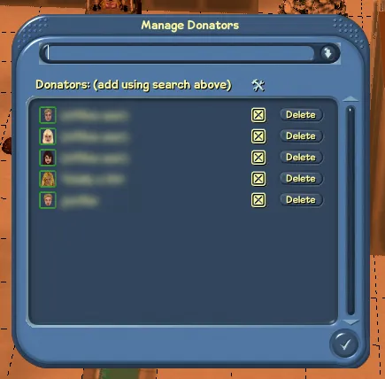 Donators list, complete with censor to protect the identities of those who died testing this feature and the bug that was present in the screenshot.