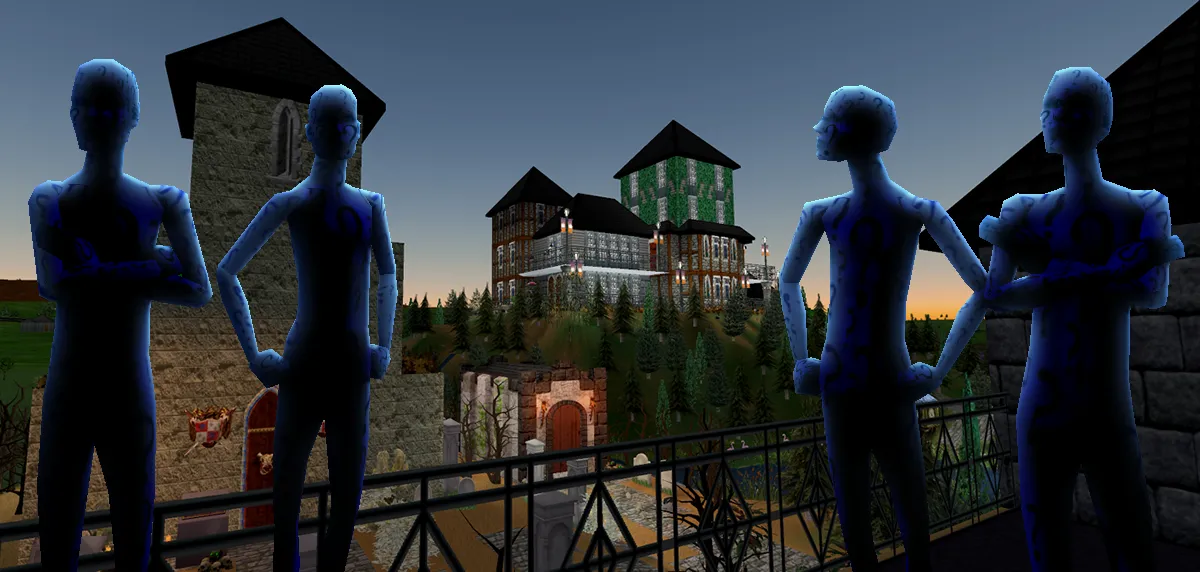 Four shadowy figures standing at Trio Lake Town Hall, representing the final mayors