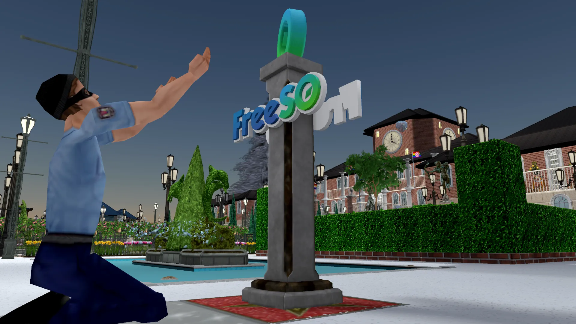 Burglar Cop worshipping the Freesy in front of Sunrise Crater Town Hall