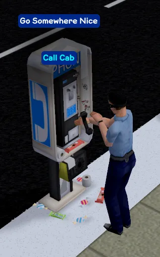 Burglar Cop selecting the option "Call Cab/Go Somewhere Nice" on a payphone
