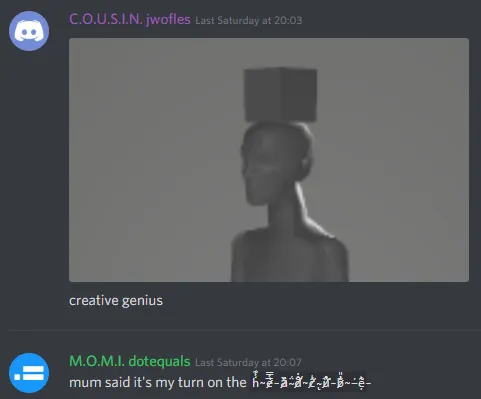 A Discord conversation between dotequals and jwofles