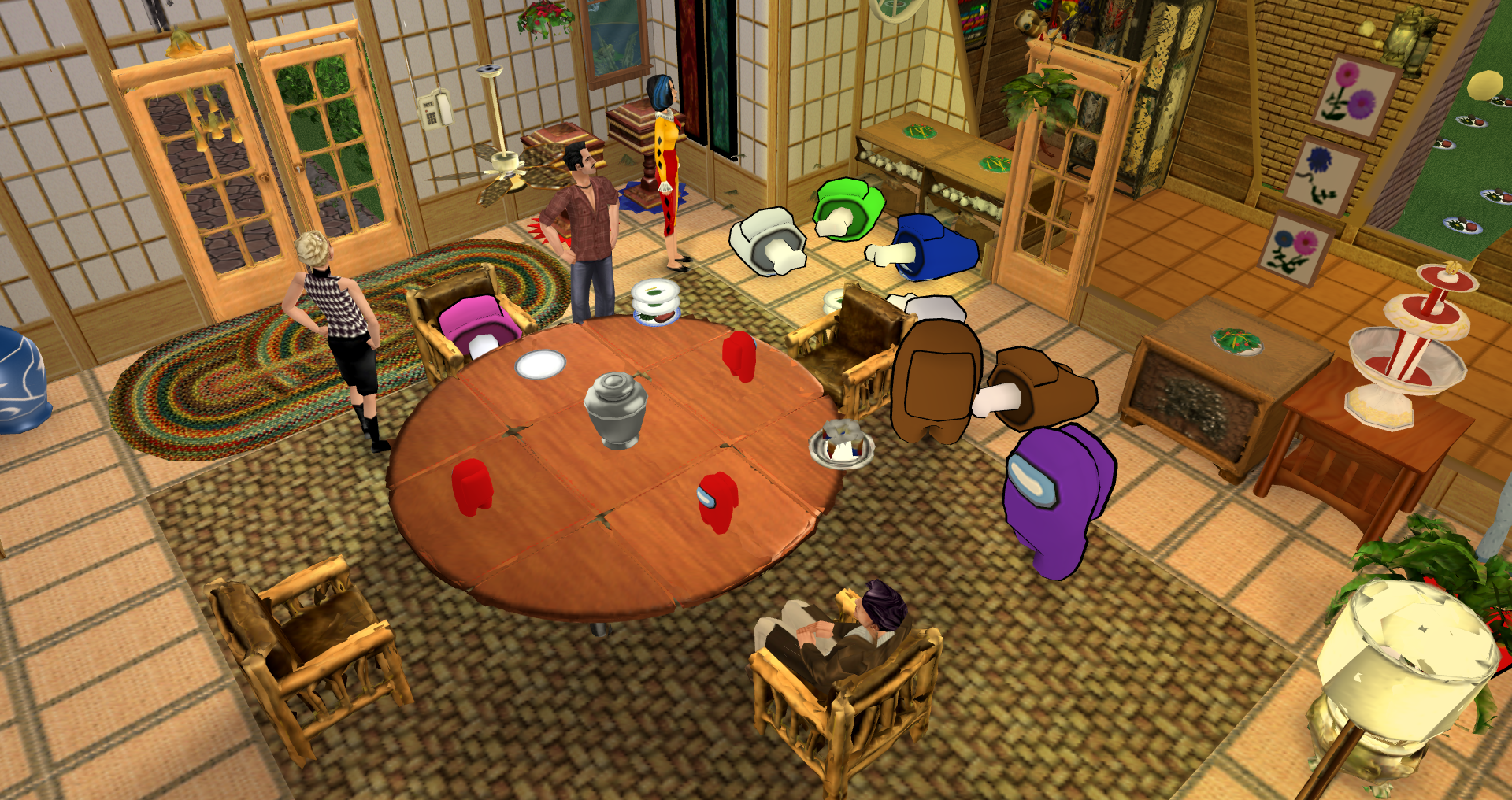 Some sims standing around an AmongSO crime scene.