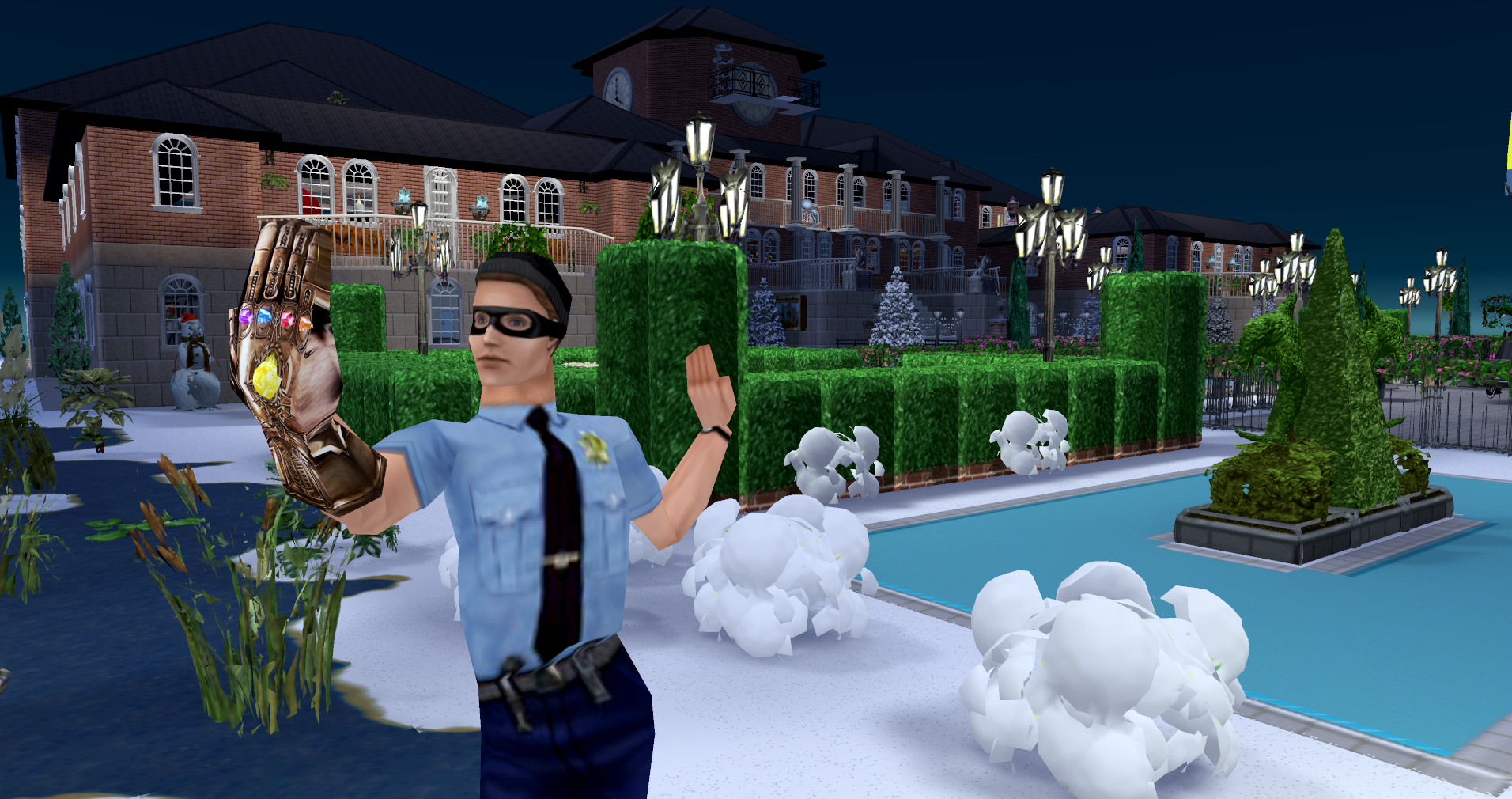 burglar cop admiring his new glove at Sunrise Crater Town Hall