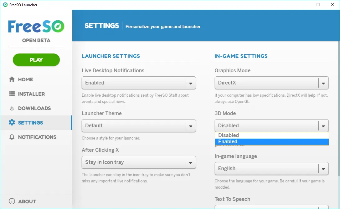 When the 3D update is available, changing this setting in the launcher will start the game in 3D mode. The FreeSO Launcher with a 3D Mode toggle