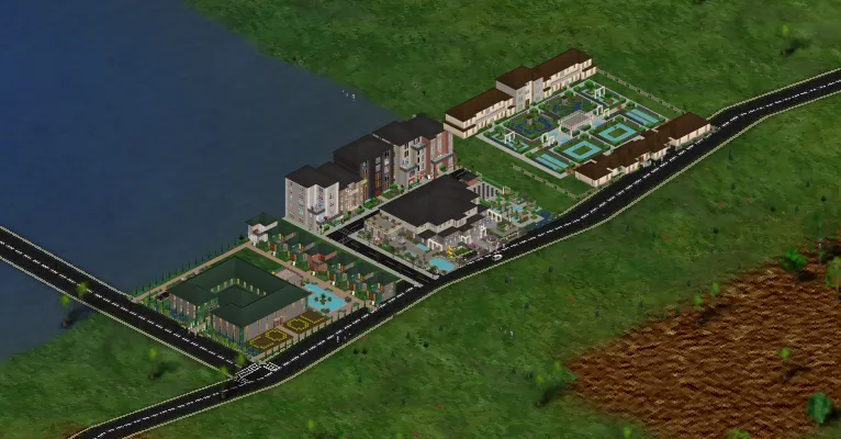 A grassy neighborhood of towering lots