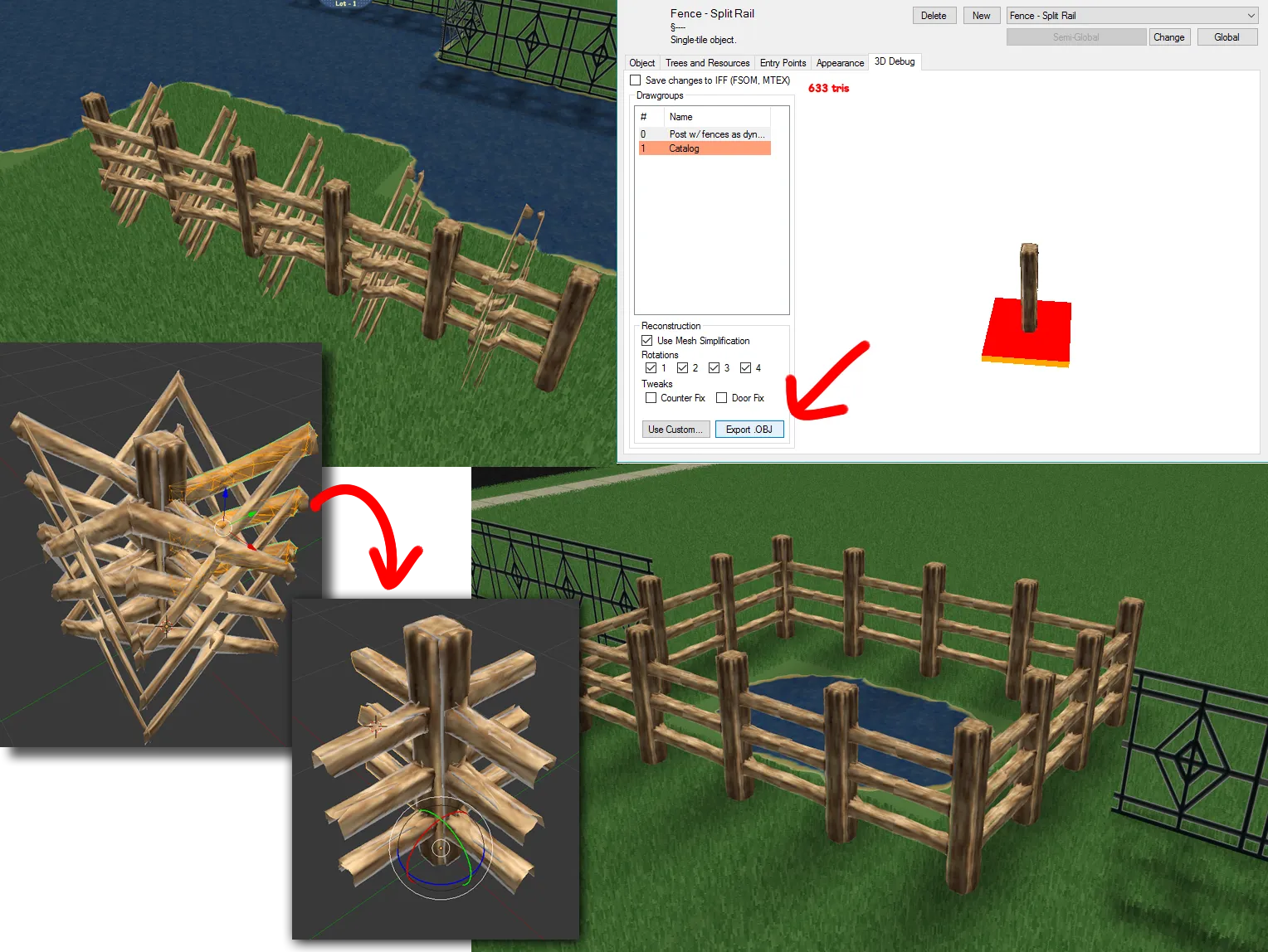 An example process of exporting an ingame mesh, touching it up in Blender, and re-importing the fixed version of the mesh in the game. An example process of exporting an ingame mesh, touching it up in Blender, and re-importing the fixed version of the mesh in the game.