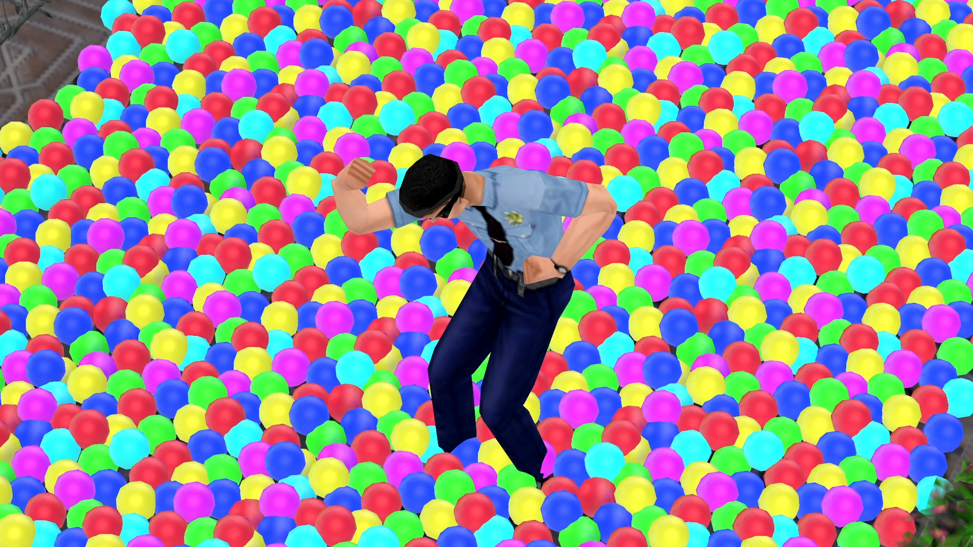 Burglar Cop surrounded by Balls. Discovering what they are filled with is left as an exercise for the reader.