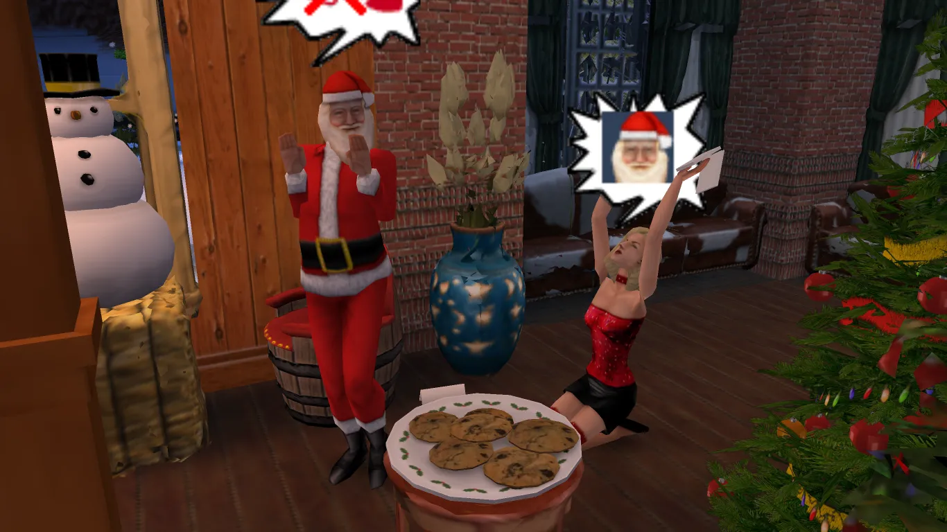 A sim praising santa