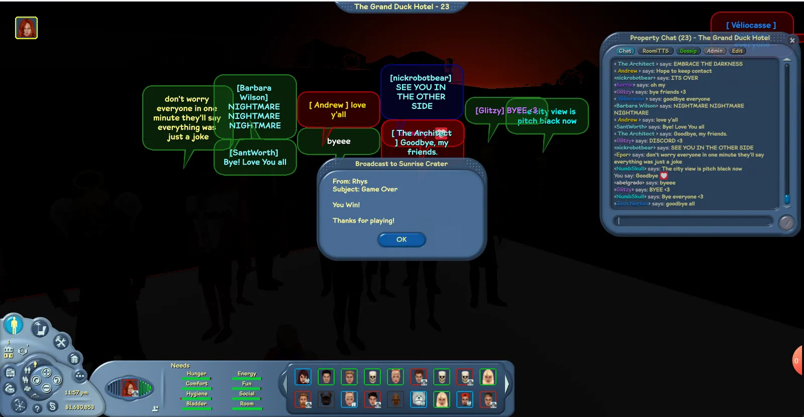 In-game screenshot of the final moments at The Grand Duck Hotel