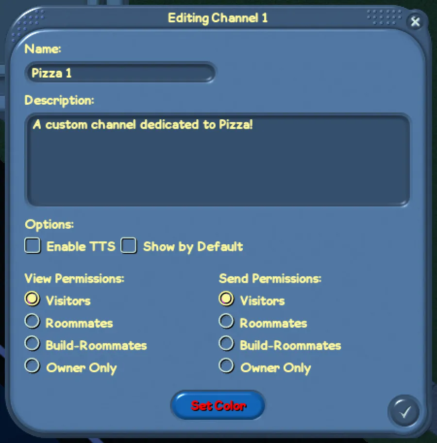 The channel edit window, showing the current options. The description appears as a tooltip when you mouse over the channel. The channel edit window, showing the current options. The description appears as a tooltip when you mouse over the channel.