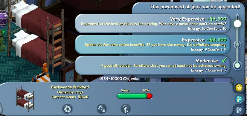 The upgrade UI for the Backwoods Bunkbed