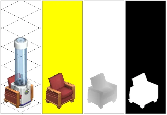 An object rendered alongside its Z and alpha channels. The Z channel allows pixel perfect intersection with other objects and avatars. An object rendered alongside its Z and alpha channels. The Z channel allows pixel perfect intersection with other objects and avatars.